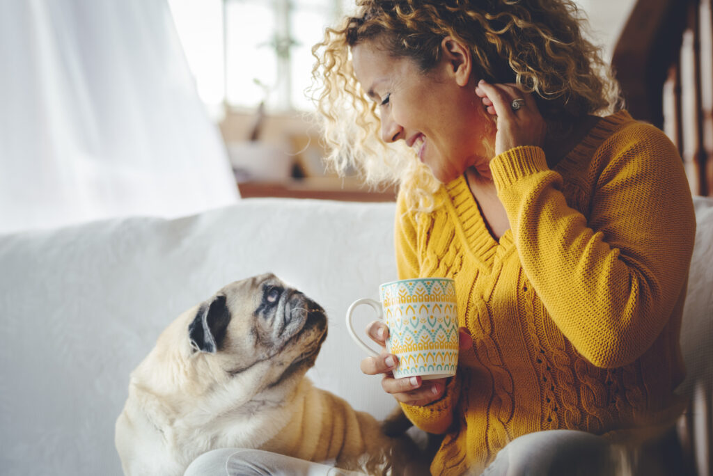 People and dog friendship and love lifestyle concept. Happy adult woman look with love