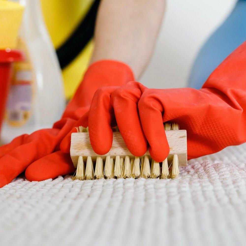 close up of woman in rubber gloves cleaning carpet at home